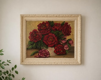 Vintage Ann Campbell Floral Oil Painting, Signed Red Roses Still Life, Impasto Flower Art, Ornate Cream Frame, 24x20 Wall Art