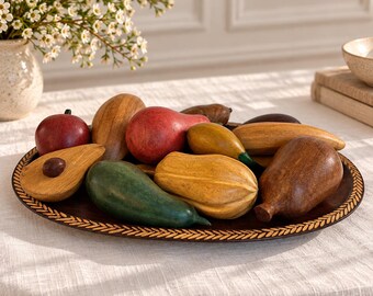 Vintage Hand Carved Wood Fruit Set & 15” Tray Folk Art Fish Etched Wooden Fruit Mid Century Table Decor