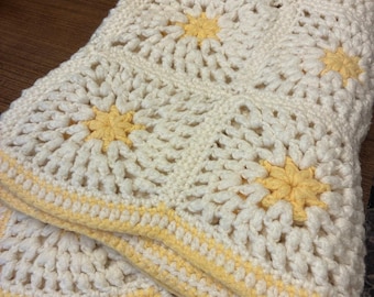 intage Hand Crocheted Baby Blanket, Granny Square Afghan, Yellow White Crochet Blanket, Nursery Decor, Handmade Baby Shower Gift