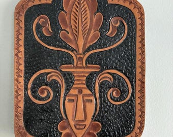 Vintage Ecuador Hand Tooled Leather Wall Plaque, Tribal Mask Wall Art, Embossed Leather Decor, South American Folk Art, Artisan Craft