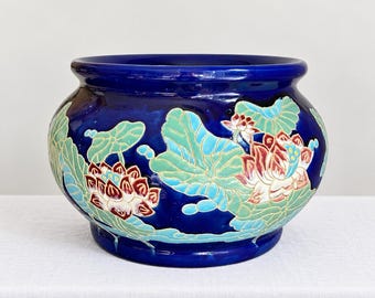 Vintage Cobalt Blue Lotus Planter, Large 13” Chinoiserie Ceramic Fishbowl Cachepot, Floral Jardiniere, Asian Inspired Home Decor