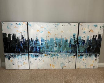 Large Abstract Cityscape Canvas Wall Art 3 Panel Set Modern Skyline Painting 48x24