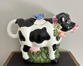 Vintage 1993 Wang’s Ceramic Cow Teapot Holstein Blue Bird Whimsical Farmhouse Decor
