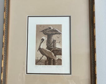 Christopher Griffith Brown Pelicans 1993 Signed Limited Edition Print, Framed Coastal Etching, Vintage Nautical Seascape Wall Art Gift
