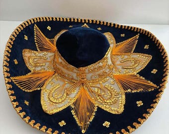 Vintage Mexican Mariachi Charro Sombrero, Navy Blue Velvet Gold Embroidered Hat, Traditional Folk Art, Wall Decor, Fiesta Costume