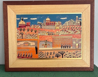 Mid Century Modern Wood Framed Jerusalem Art Print Shalom of Safed Israeli Folk Art Timber Wall Decor