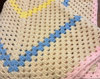Vintage Hand Crocheted Afghan Blanket, Cream Crochet Throw, Pastel Stripe Blanket, Cottagecore Decor, Boho Bedding, Handmade Textile