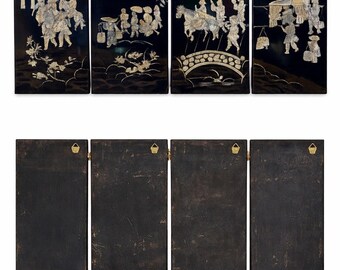 Vintage Asian Black Lacquer Mother Of Pearl Wall Panels, Journey To The West, Chinoiserie Wall Decor, Oriental Folding Panels