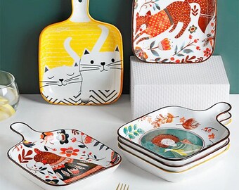 Household Tableware Clay Baking Oven Plate Rectangular Binaural Ceramic Tray Retro Nordic Style Tray