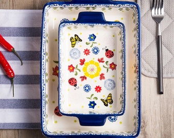 Household Tableware Clay Baking Oven Plate Rectangular Binaural Ceramic Tray Retro Nordic Style Tray