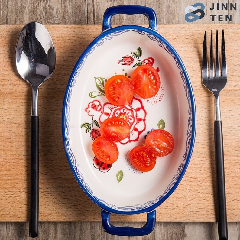Household Tableware Clay Baking Oven Plate Rectangular Binaural Ceramic Tray Retro Nordic Style Tray