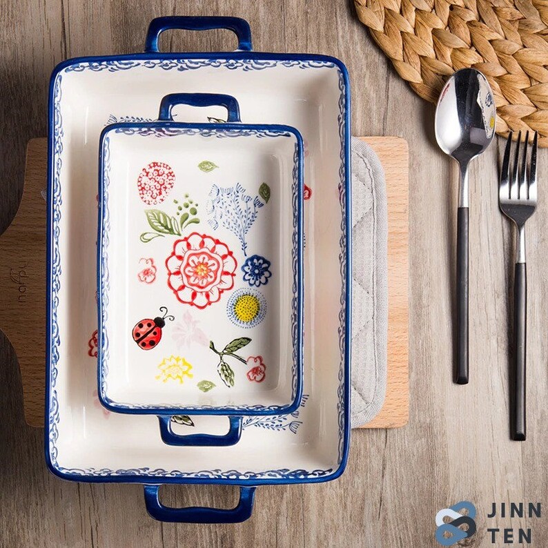 Household Tableware Clay Baking Oven Plate Rectangular Binaural Ceramic Tray Retro Nordic Style Tray