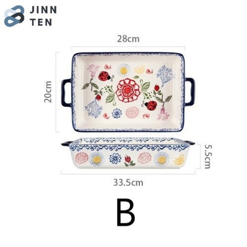 Household Tableware Clay Baking Oven Plate Rectangular Binaural Ceramic Tray Retro Nordic Style Tray