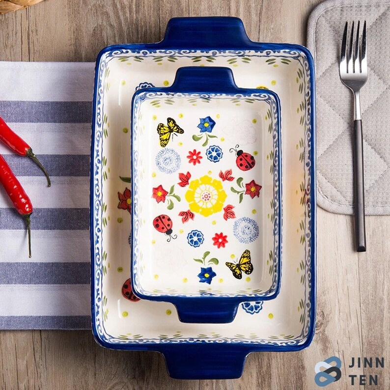 Household Tableware Clay Baking Oven Plate Rectangular Binaural Ceramic Tray Retro Nordic Style Tray