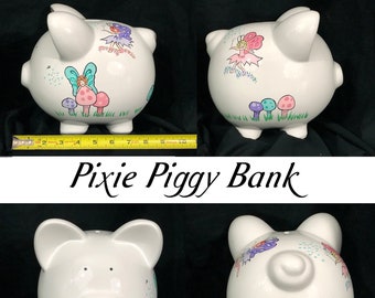 Vintage Ceramic Piggy Bank, Printed Piggy Bank, Fairy Coin Bank, Money Bank