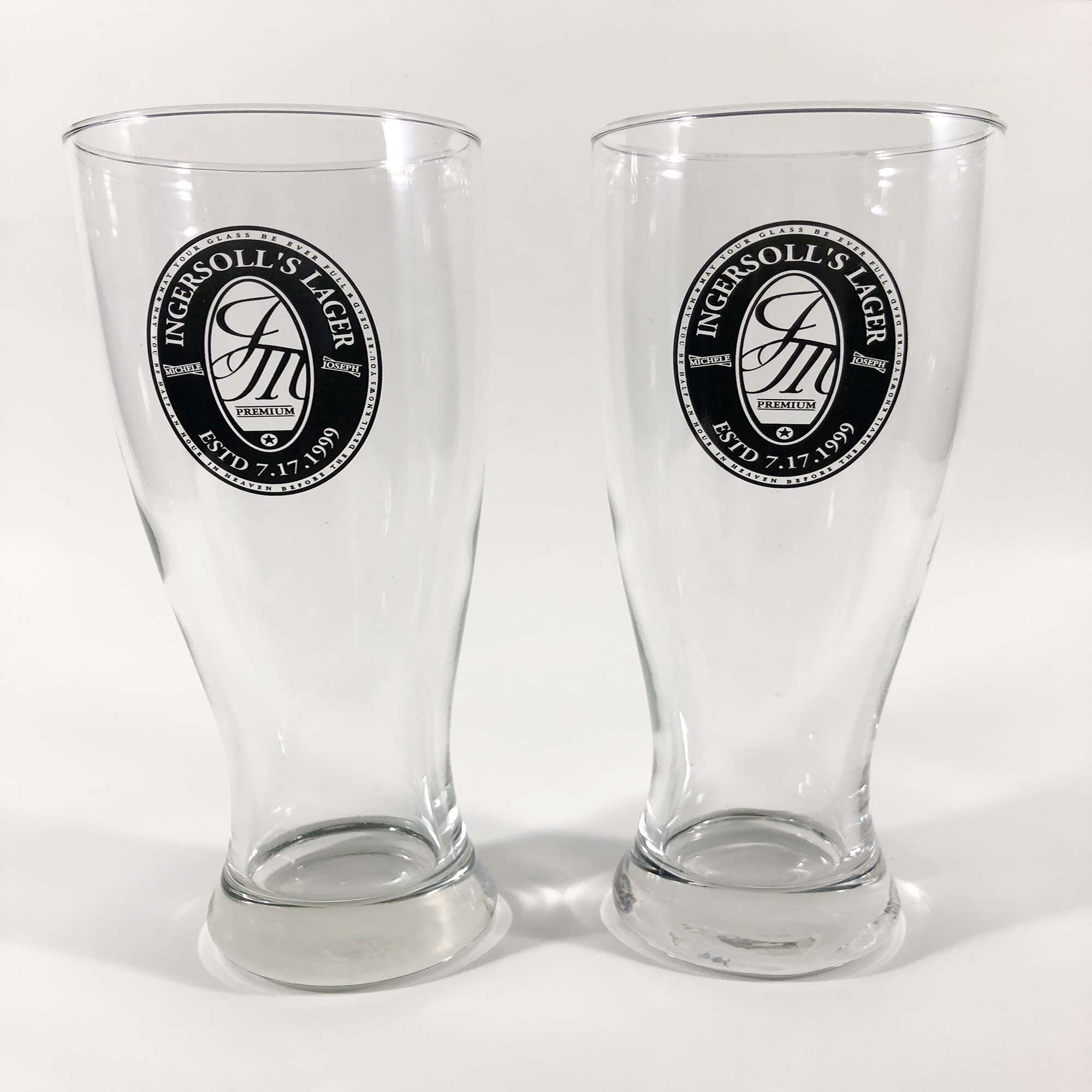 Vintage 1999 Ingersoll's Lager Beer Glasses Set of Two, Bar Glasses