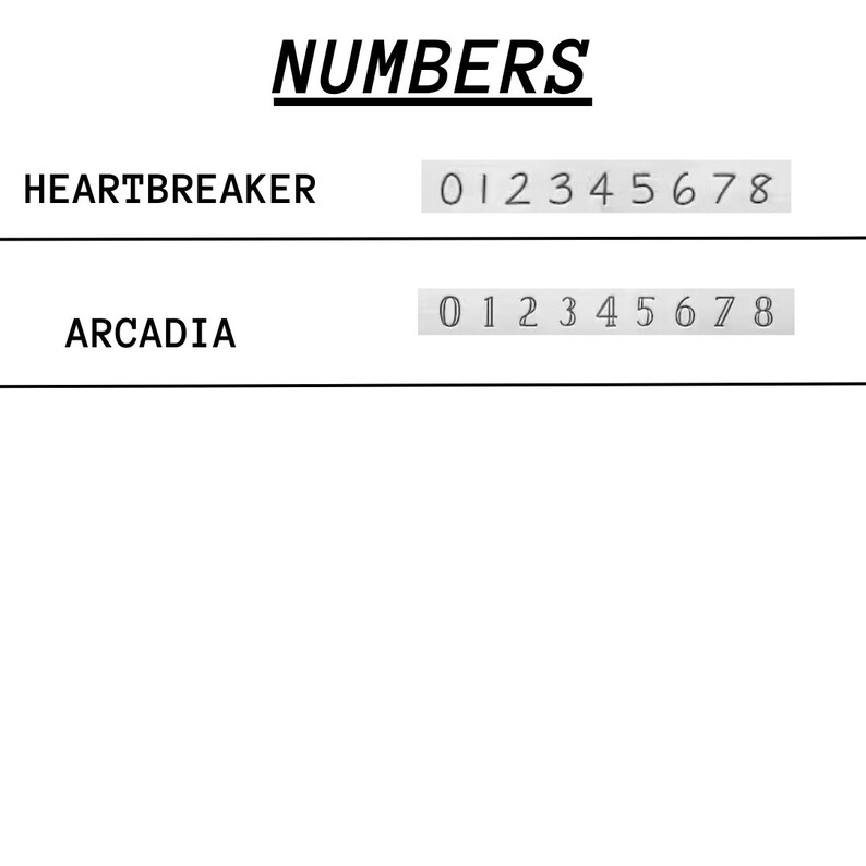 May include: A black and white image with the word "NUMBERS" at the top. Below the word "NUMBERS" are two rows of text. The first row says "HEARTBREAKER" and the second row says "ARCADIA". Each row has a gray box with the numbers 0 through 8 in it.