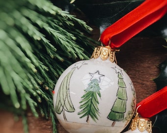 Porcelain Christmas tree ornament, red and green ceramic, handmade