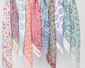 Set of 10 Boho Block Print Bandanas, Cotton Head Scarf, Neck Kerchief, Floral Patterns, Gift for Her, Square Scarves for Hair (21x21 Inch)