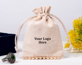Bottom PomPom Personalized Cotton Jewelry Pouches with Logo- Pack of 100pcs