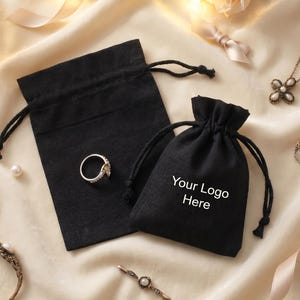 100 Black Cotton Drawstring Pouches: Jewelry Packaging, Customizable Logo