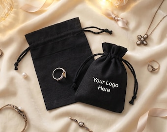 100 Black Cotton Drawstring Pouches: Jewelry Packaging, Customizable Logo