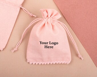 Custom Drawstring Pouches with Personalized Logo, Peach color Cotton Jewelry Packaging Bag, Cosmetics, Wedding Favor Bags  - Pack of 100pcs