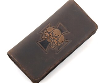 Skull Men Leather Long Bifold Wallet Vintage Style Full Grain Leather Wallets