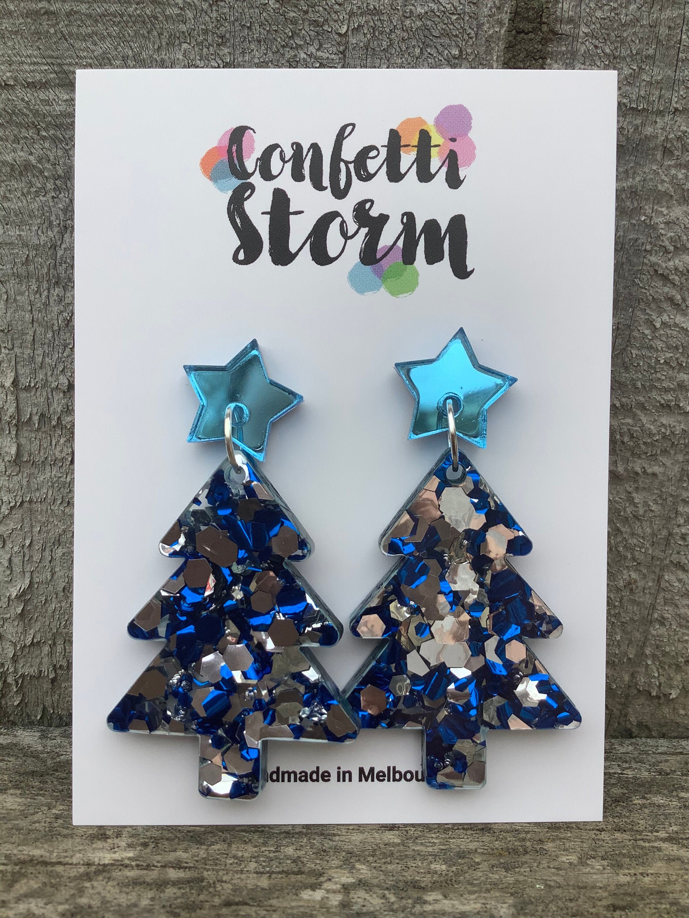 Christmas Tree Silver Sparkle Earrings Acrylic