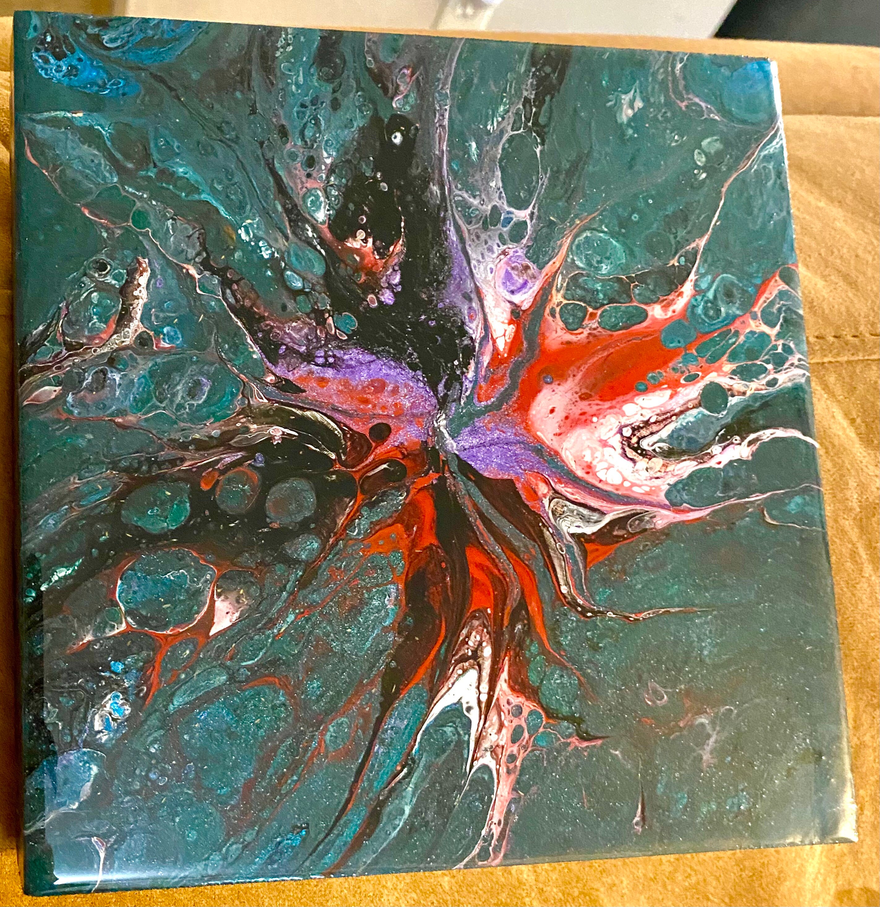 8 X 8 Acrylic paint pour on wooden canvas in teal red Etsy