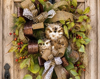 Woodland Farmhouse Owl Wreath, Rustic Decoration, Mother and Baby Owl Door Hanger, Deluxe Autumn Handmade Wreath