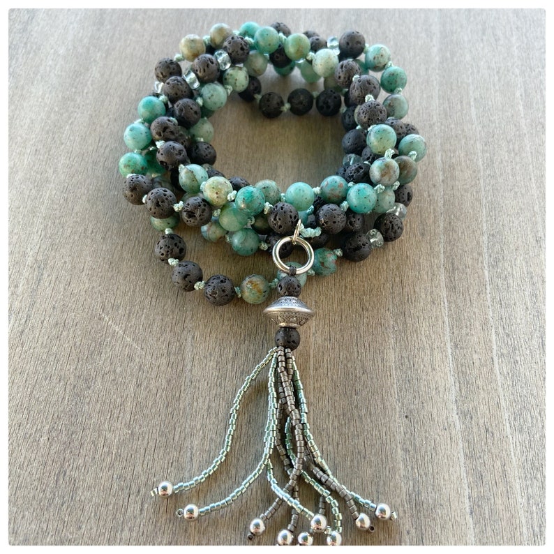 Lava Stone African Turquoise Mala Necklace Beaded Tassel 108 Bead Mala Prayer Beads Gemstone Necklace