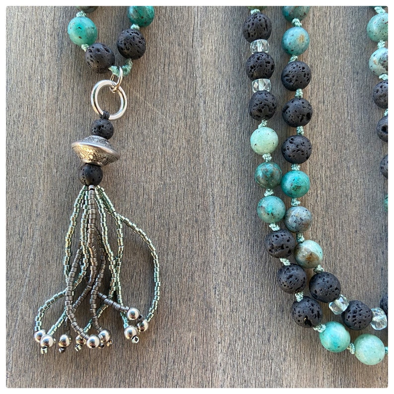 Lava Stone African Turquoise Mala Necklace Beaded Tassel 108 Bead Mala Prayer Beads Gemstone Necklace
