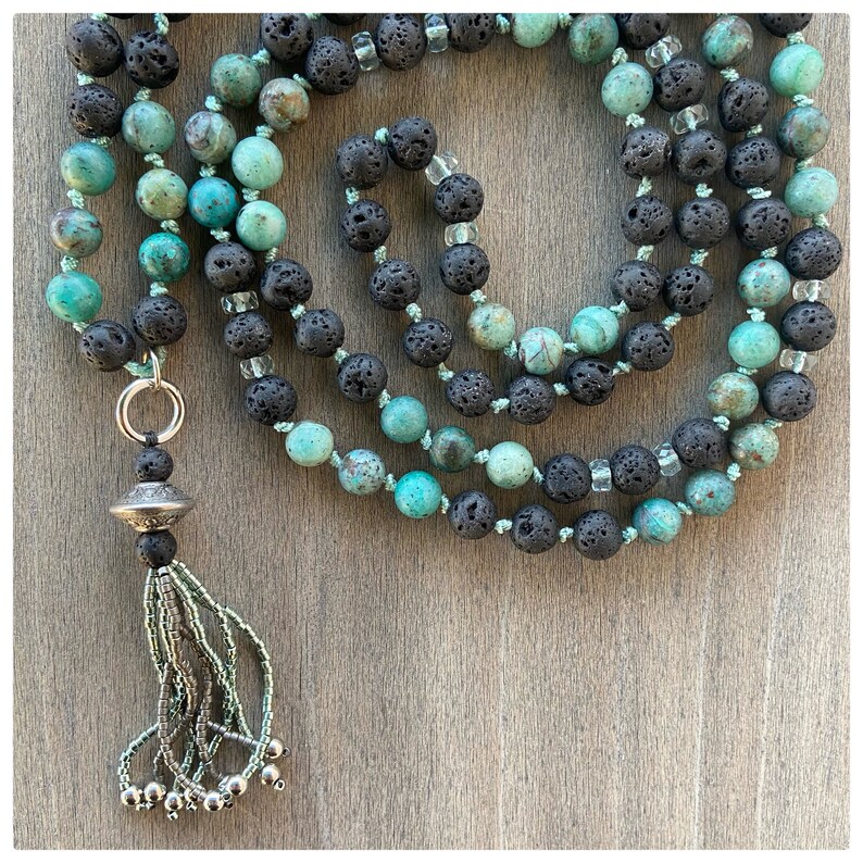 Lava Stone African Turquoise Mala Necklace Beaded Tassel 108 Bead Mala Prayer Beads Gemstone Necklace