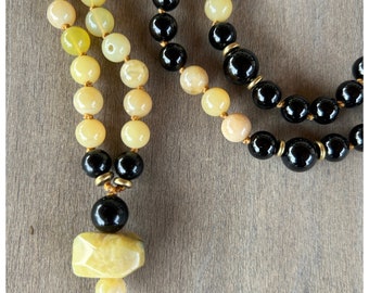 Mala Necklace | Mala | Yellow Opal | Black Onyx | Opal Mala | 108 Bead Mala | Prayer Beads | Gemstone Necklace | Hand Knotted Mala