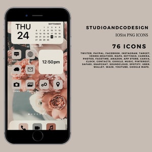 Puede incluir: La pantalla de un teléfono inteligente que muestra un calendario con la fecha "Thu 24" y el mes de "septiembre". La pantalla también muestra un reloj con la hora "12:50 pm" y varios iconos de aplicaciones, incluidos "Mensajes", "Safari", "Clima", "Correo", "Cámara", "Fotos", "Ajustes" y "Mapas". El fondo es una imagen borrosa de flores rosas.