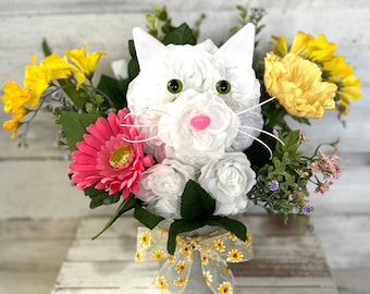 Cat Flower Bouquet, Cat Floral Arrangement, Flower Gift, Silk Flower Arrangement, Gift for Cat Mom, Cat Lover, Gift for Her, Gift for Mom