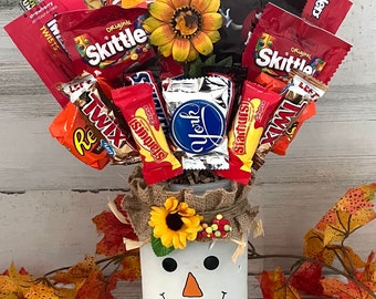 Fall Candy Bouquet, Candy Arrangement, Scarecrow Candy Arrangement