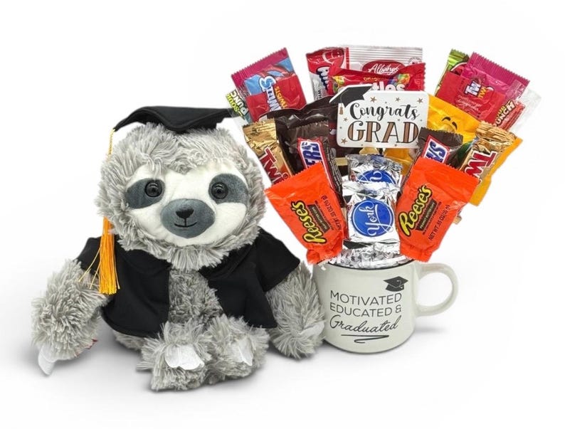 May include: A plush gray sloth wearing a graduation cap and gown sits next to a white mug filled with candy bars. The mug reads "Motivated, Educated & Graduated." A sign says "Congrats Grad."