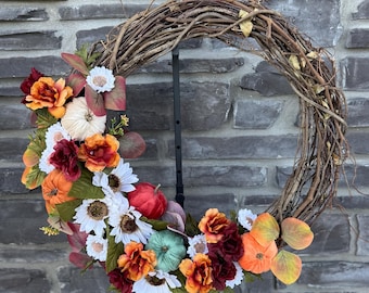 Fall Grapevine Wreath: Faux Pumpkin & Floral Front Door Decor