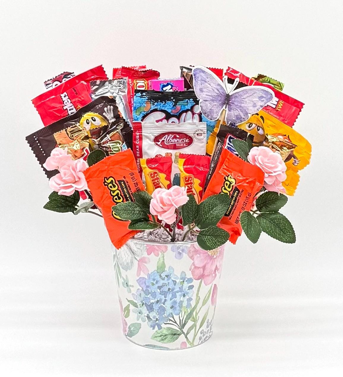 Spring Candy Bouquet, Silk Flowers, Butterfly Pick, Gift Basket