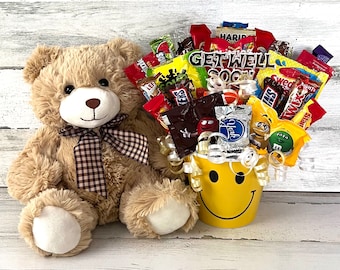 Get Well Candy Bouquet: Smiley Face Container, Plush Bear Option