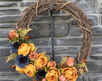 Fall Floral Grapevine Wreath: Peonies, Sunflowers, Roses