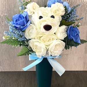 White Silk Flower Bear Cemetery Arrangement