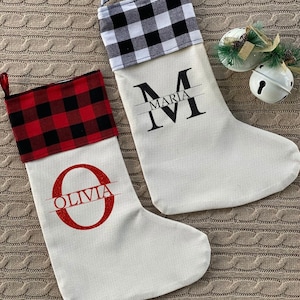 Black and White Buffalo Plaid Christmas Stockings | Red and Black Buffalo Plaid Christmas Stockings with Glitter Vinyl Names | Pet Stockings