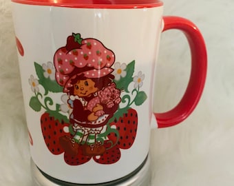 Strawberry Shortcake 15oz Ceramic Coffee Mug.  Red and White in Color Image on both sides. Personalized with a name