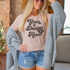 Model Mockup | Heather Peach Bella Canvas 3001 T-Shirt | Digital JPG Tee Mockup