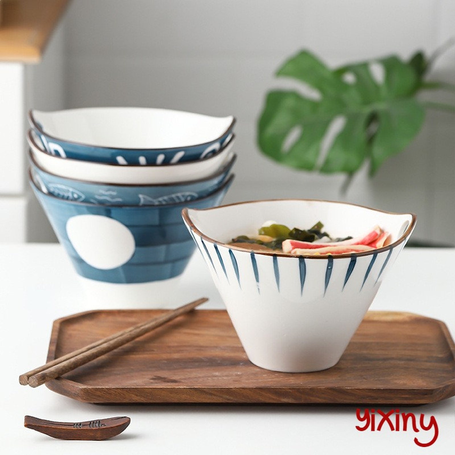 NEW Ceramic Handpainted Japanese Style Noodle Bowl Double Ear Etsy