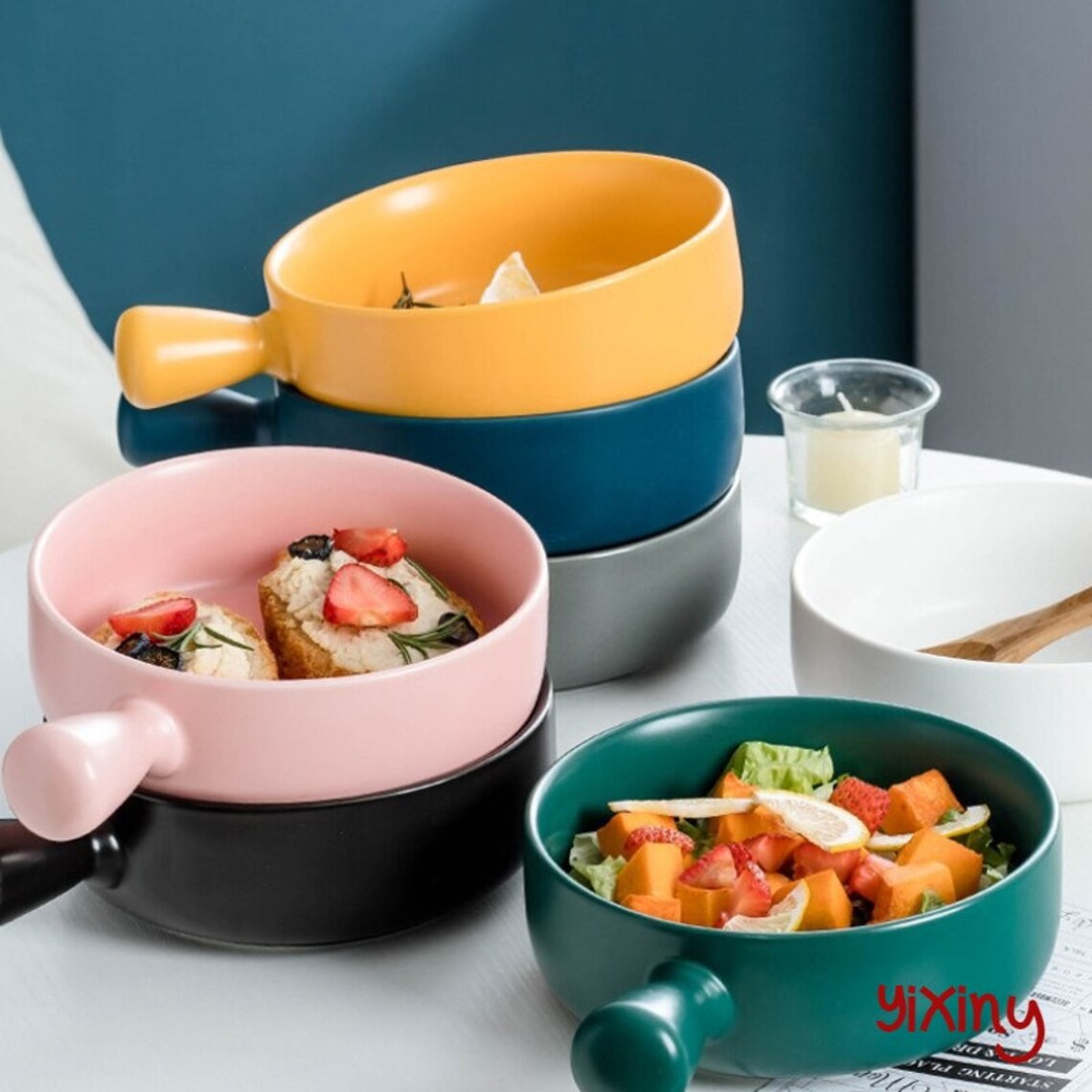 Nordic Ceramic Salad Bowl With Handle Breakfast Cereal Fruit Etsy