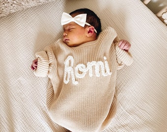 Pull brodé personnalisable pour bébé et tout-petit, pull en tricot avec nom de bébé, faire-part de naissance, cadeau personnalisé de baby shower